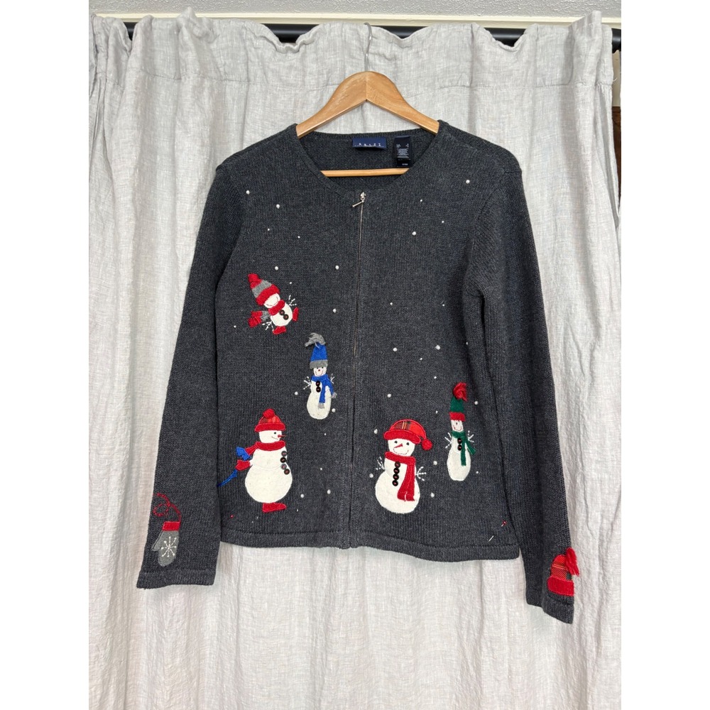 Crazy Horse Liz Claiborne Snowman Christmas Zip Cardigan Sweater Gray Womens S